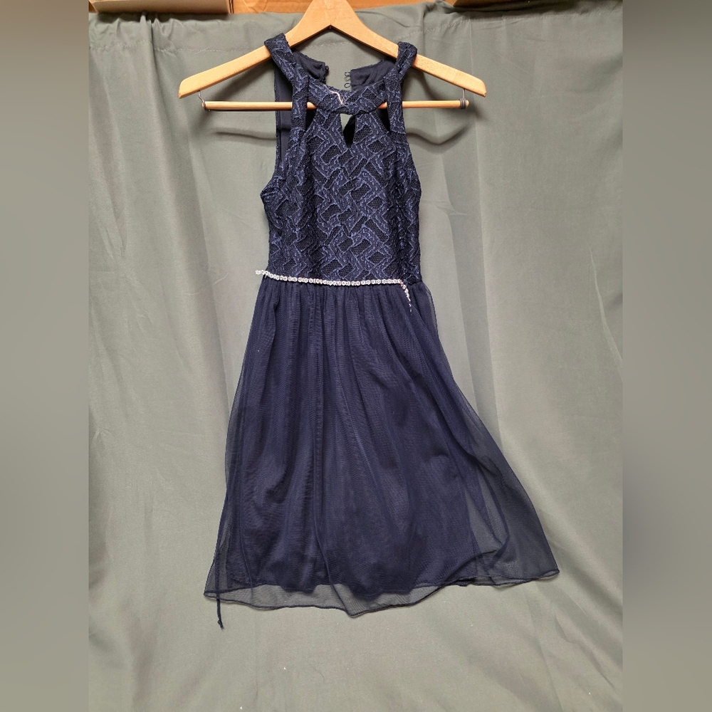 Navy Blue Round Neckline Sleeveless Dress with Silver Accent Belt